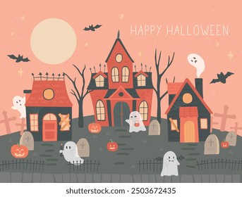 Halloween haunted house ghosts banner vector illustration