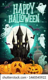 Halloween haunted house with ghosts and pumpkins vector design. Horror castle with october holiday lantern, bats and zombie, cemetery gravestones, full moon and monsters. Halloween trick or treat card