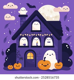 Halloween Casa embrujada con fantasmas y calabazas. Lindos personajes de dibujos animados kawaii. Mansión embrujada. Noche de fondo. Ilustración vectorial.