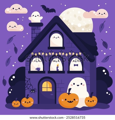 Halloween Haunted house with ghosts and pumpkins. Cute kawaii cartoon characters. Haunted mansion. Night background. Vector illustration.