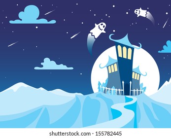 Halloween haunted house with ghosts winter landscape