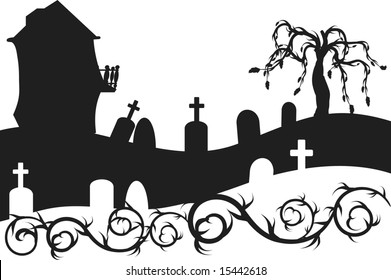 Halloween haunted house with graveyard illustration. No Gradients.