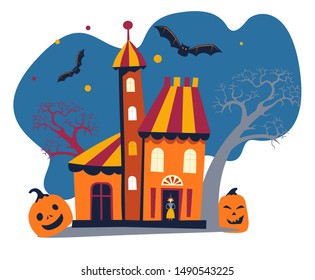 Halloween haunted house, home or building front view with pumpkins and bats vector. Holiday celebration, bare trees and witch in door, ghost night party. Magic and frightening, amusement park