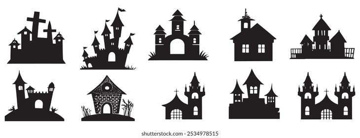 Halloween haunted house icon set background. Black and white background. halloween night. happy halloween banner.