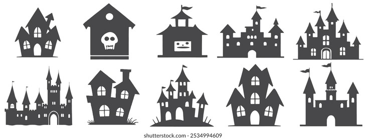 Halloween haunted house icon set background. Black and white background. halloween night. happy halloween banner.