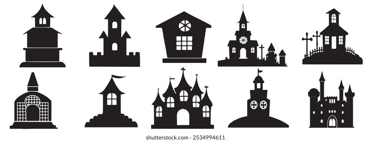 Halloween haunted house icon set background. Black and white background. halloween night. happy halloween banner.