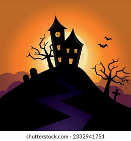 Halloween haunted house illustration, orange and black scene, with graveyard, spooky trees, fog and with bats above.