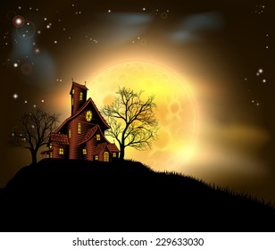 A Halloween haunted house illustration with a spooky house atop a hill with a large full moon in the background 