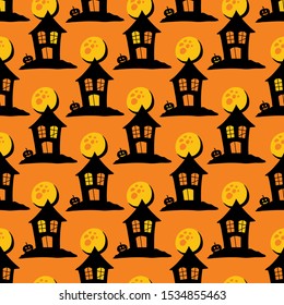 Halloween Haunted House with Jack o lantern Vector Seamless Pattern