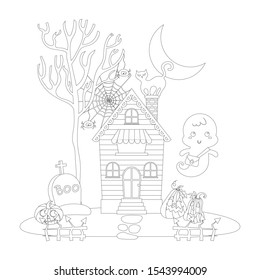 Halloween haunted house with a little ghost vector illustration cartoon colorless for coloring page. haunted house with cute ghost, black cat, dead tree, jack o lantern pumpkin, grave, and cobweb. 