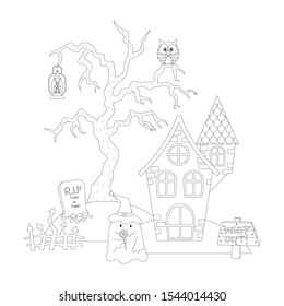 Halloween haunted house with a little ghost vector illustration cartoon colorless for coloring page. haunted house with cute ghost, dead tree, owl, and grave. 