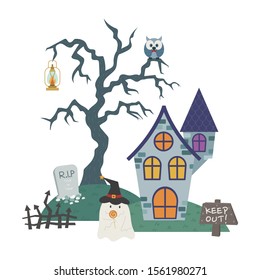 Halloween haunted house with a little ghost vector illustration cartoon. haunted house with cute ghost, dead tree, owl, and grave. 