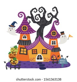 Halloween haunted house with little happy ghosts and jack o lantern pumpkins vector illustration cartoon. Haunted house with ghosts, dead tree, and jack o lantern. 