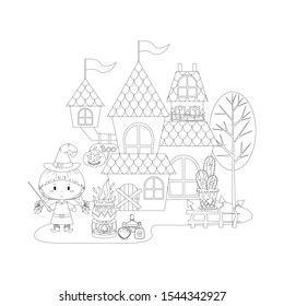 Halloween haunted house and little witch making magic potions vector illustration cartoon colorless for coloring page. Haunted house with cute witch and magic potions.