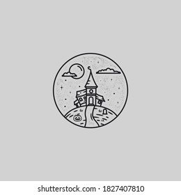 halloween haunted house mono line vector illustration. haunted castle mono line illustration.