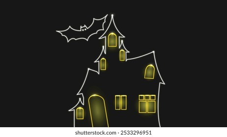 Casa assombrada pelo Halloween. Néon. Ilustração em vetor. Casa assustadora. Plano de fundo preto isolado. Noite de Halloween.  Animação arrepiante de Halloween. Sombras misteriosas, fantasmagóricas, assustadoras, misteriosas.