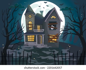 Halloween haunted house on blue Moon background. Vector illustration.