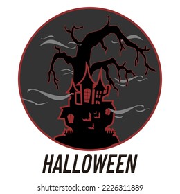 Halloween. Haunted house on a misty dark background. Vector tree, bat and mystical house