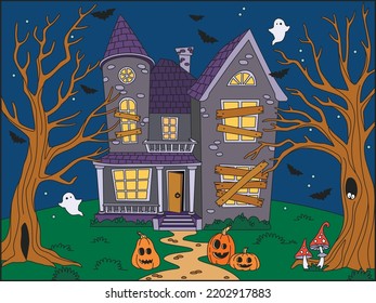 Halloween haunted house on night blue background. Vector illustration.