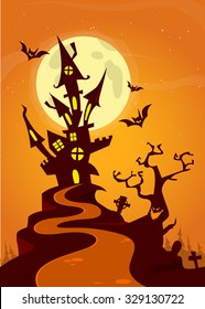 Halloween haunted house on night background with a full moon behind - Vector  illustration