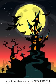 Halloween haunted house on night background with a flying witch and full moon behind - Vector  illustration