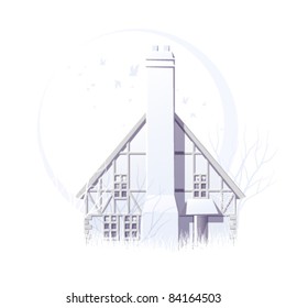 Halloween haunted house with opened door asking to come in and group of bats against the Moon. Isolated. Vector without background. Easy use with any background color. Contains clipping mask