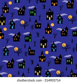 Halloween Haunted House pattern with moons and trees vector background