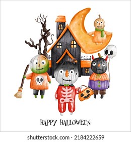 Halloween Haunted house with pumpkin kids and crescent moon. Halloween element. Halloween decoration
