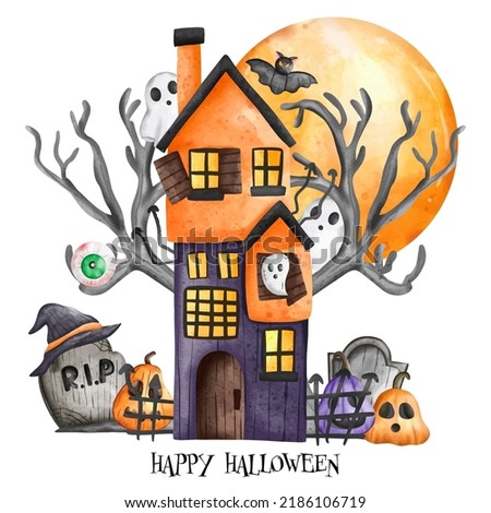 Halloween Haunted house with pumpkin kids and full moon. Halloween element. Halloween decoration
