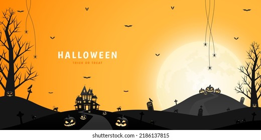 Halloween haunted house, pumpkin lanterns and spooky trees with orange sky and moonlight background.