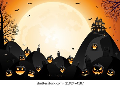 Halloween haunted house, pumpkin lanterns and spooky trees with orange sky and moonlight background.