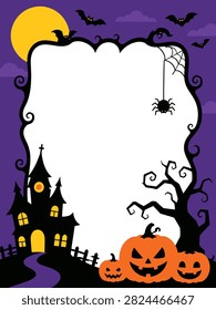 Halloween Haunted House Pumpkins Full Moon Bats Spider Web and Graveyard Frame