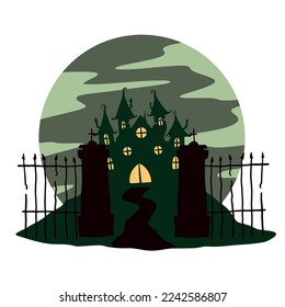 Halloween haunted house. Scary dark silhouette of home or mansion. Cartoon Vector spooky Illustration. Gothic cute town