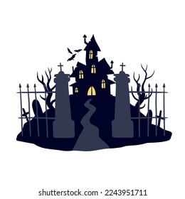 Halloween haunted house. Scary dark silhouette of home or mansion. Cartoon Vector spooky Illustration. Gothic cute town. Old fence of cemetery.