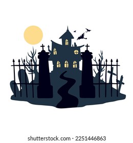 Halloween haunted house. Scary dark silhouette of home or mansion. Cartoon Vector spooky Illustration. Gothic cute town. Old fence of cemetery.