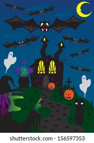 Halloween Haunted House Scene, Witch, bats and ghosts!