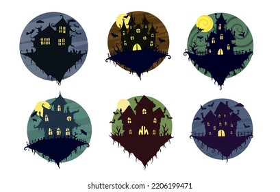 Halloween haunted house set isolated white background  Scary dark home  Cartoon Vector spooky Illustration