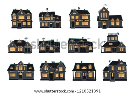 Halloween haunted house set isolated on white background. Vector illustration
