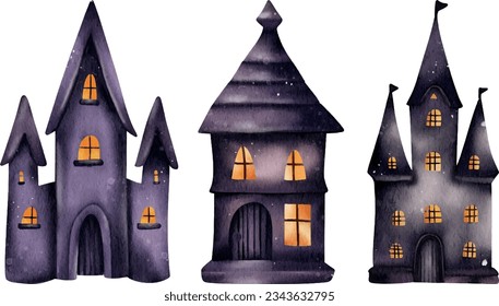 Halloween haunted house set watercolor illustration