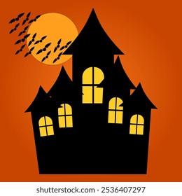 Halloween haunted house silhouette with bats flying across a full moon. Perfect spooky design for Halloween decor and art projects.