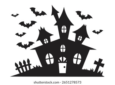 Halloween haunted house silhouette with bats and graveyard, spooky scary castle for Halloween decoration, party invitation, poster, greeting card, black vector illustration