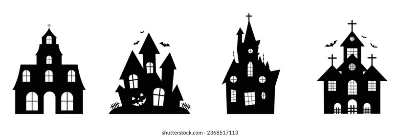 Halloween haunted house silhouette collection. Halloween spooky ghost house. Isolated Halloween haunted house church and other buildings.