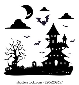 Halloween haunted house silhouette and fly bat with scary moon background. Vector illustration flat design.