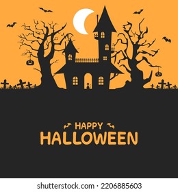 Halloween Haunted House Silhouette And Fly Bat With A Graveyard On Orange Background. Vector Illustration Flat Design.