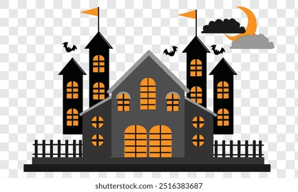 Halloween haunted house silhouette illustration on Transparent background. Modern and editable haunted house icon. Simple icons vector illustration. EPS 10.