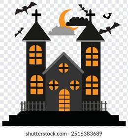 Halloween haunted house silhouette illustration on Transparent background. Modern and editable haunted house icon. Simple icons vector illustration. EPS 10.