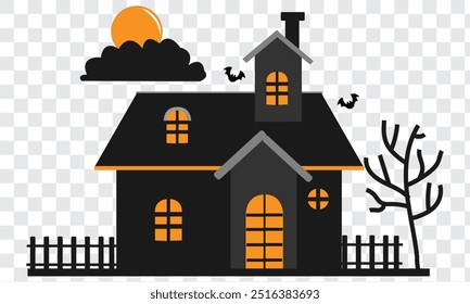 Halloween haunted house silhouette illustration on Transparent background. Modern and editable haunted house icon. Simple icons vector illustration. EPS 10.