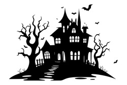 Halloween Haunted House Silhouette, Scene Of Ghost Mansion. Vector Illustration