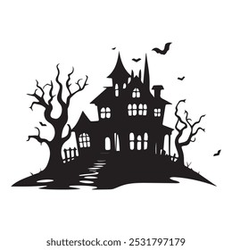 Halloween Haunted house silhouette, scene of ghost mansion. . Vector illustration, haunted Halloween house vector silhouette, Vintage Halloween House Icons. Eps10