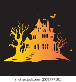 Halloween Haunted house silhouette, scene of ghost mansion. . Vector illustration, haunted Halloween house vector silhouette, Vintage Halloween House Icons. Eps10